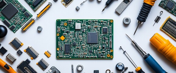 High-Tech Electronic Components and Tools Arranged on a White Background for Tech
