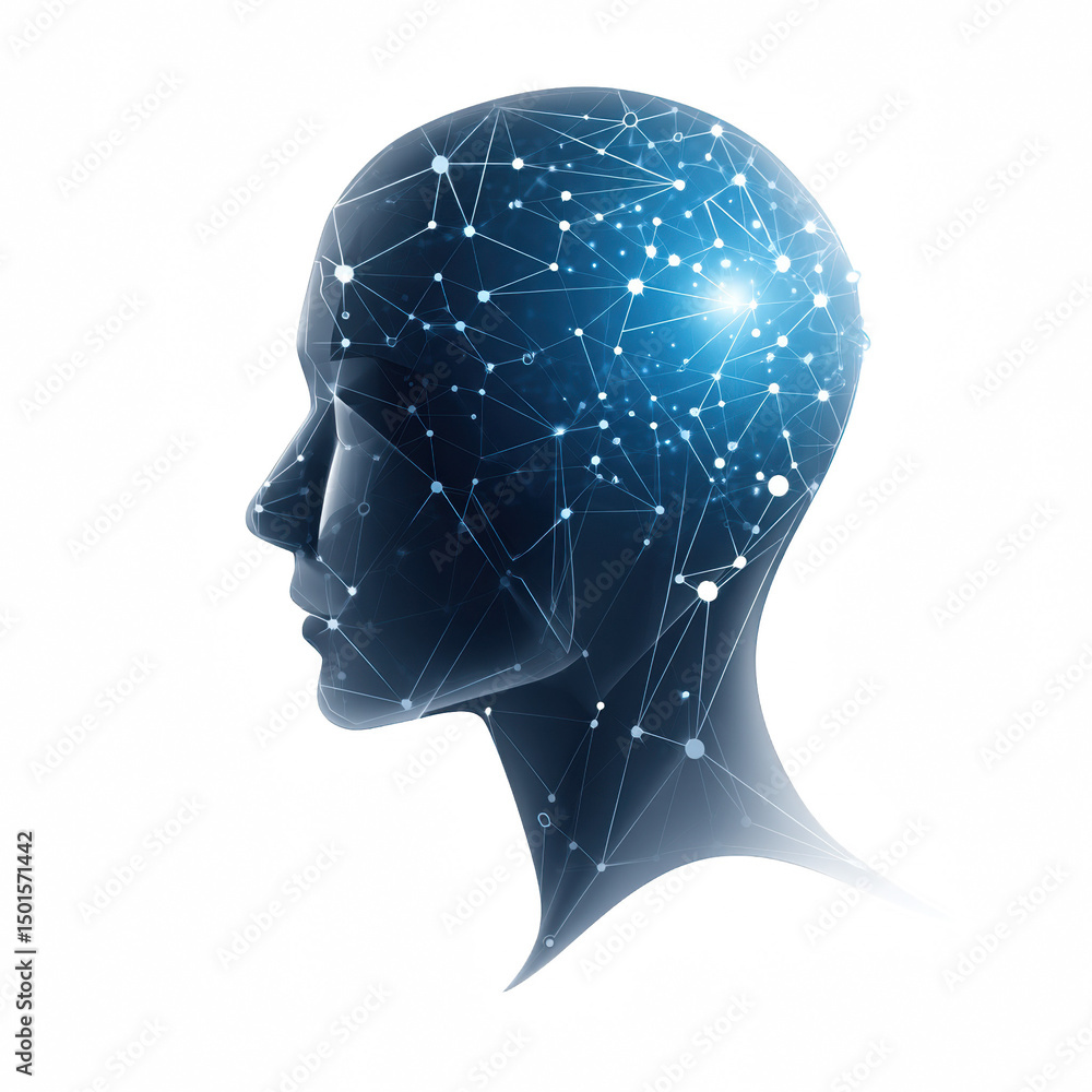 Poster futuristic human head with interconnected network nodes and glowing neural pathways.