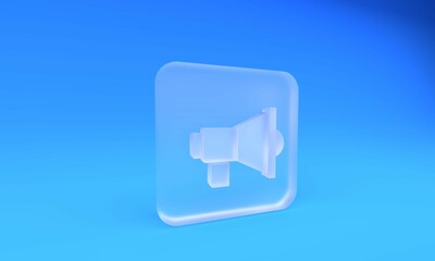 Fototapeta premium Frosted glass Megaphone icon isolated on blue background. Speaker sign. Square frosted glass button. 3D render illustration