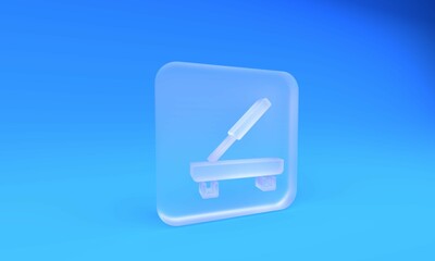 Frosted glass Scented spa stick on a wooden stand icon isolated on blue background. Incense stick. Cosmetic procedure aromatherapy. Square frosted glass button. 3D render illustration