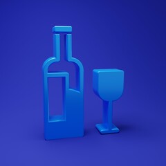 Blue Wine bottle with glass icon isolated on blue background. Minimalism concept. 3D render illustration