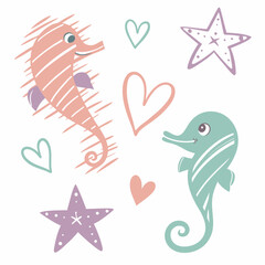 Adorable pastel seahorses hearts starfish design elements