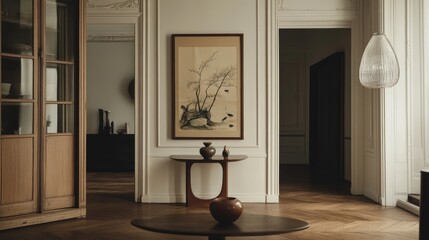 Elegant room with hardwood floors, Asian-inspired art, and mid-century modern furniture