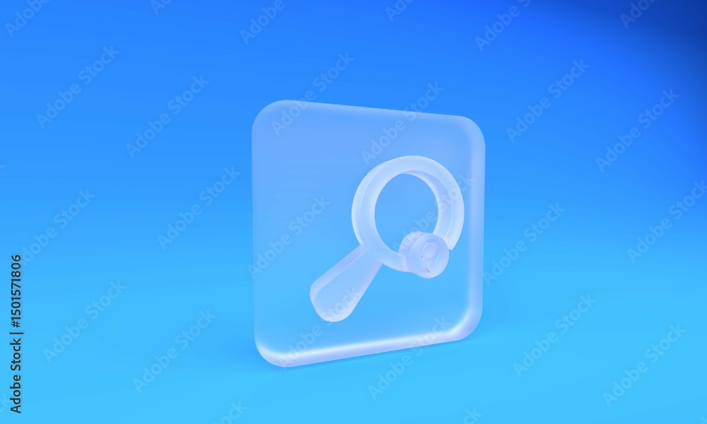 Poster frosted glass search location icon isolated on blue background. magnifying glass with pointer sign. 