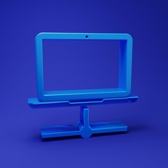 Blue Computer network icon isolated on blue background. Laptop network. Internet connection. Minimalism concept. 3D render illustration