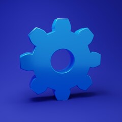 Blue Gear icon isolated on blue background. Cogwheel gear settings sign. Cog symbol. Minimalism concept. 3D render illustration