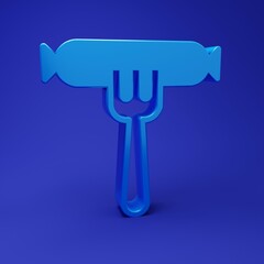 Blue Sausage on the fork icon isolated on blue background. Grilled sausage and aroma sign. Minimalism concept. 3D render illustration