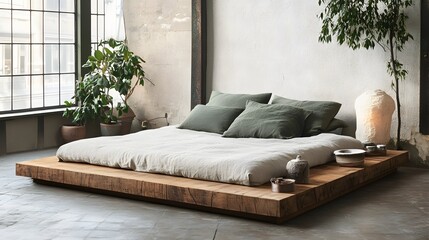 Simple modern bedroom with low platform bed and natural decor