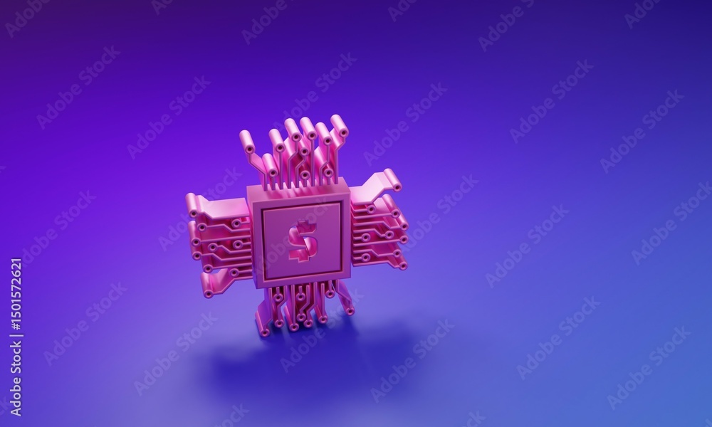 Poster pink processor chip with dollar icon isolated on purple-blue background. cpu, central processing uni