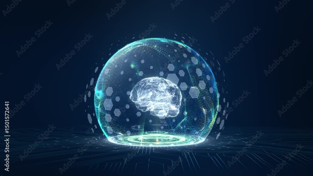 Poster 3d digital brain hologram surrounded by glowing data and circuitry in a high-tech virtual reality en