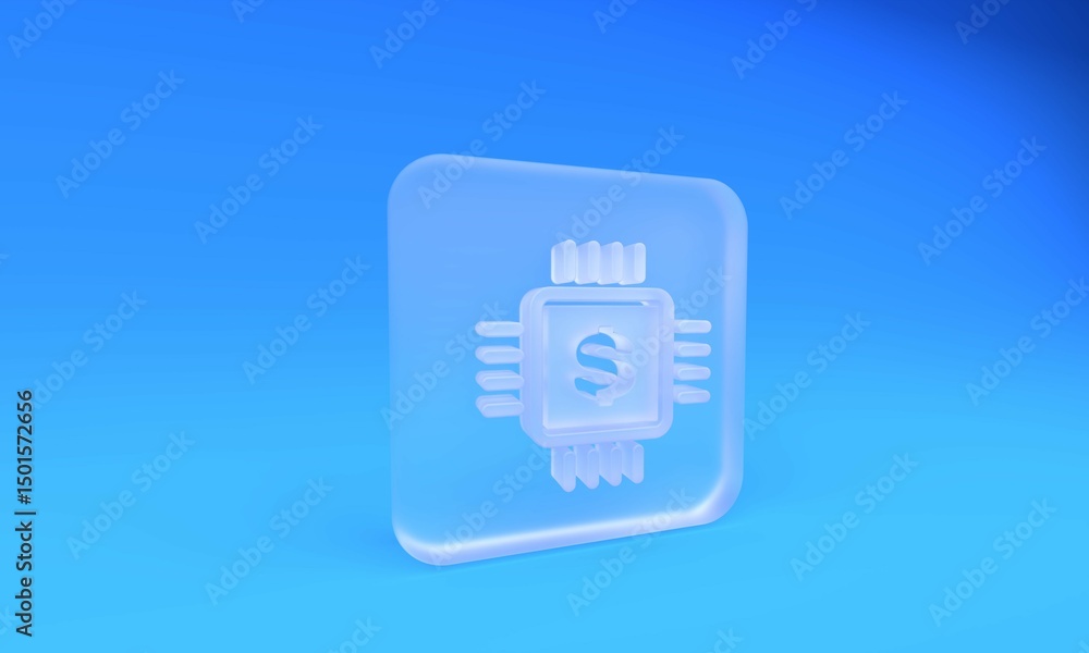 Poster frosted glass processor chip with dollar icon isolated on blue background. cpu and a dollar sign. sq