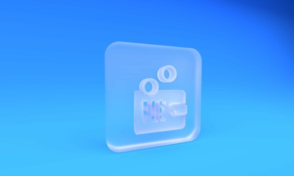 Frosted glass Proof of stake icon isolated on blue background. Cryptocurrency economy and finance collection. Square frosted glass button. 3D render illustration