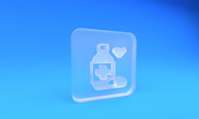 Frosted glass Medicine bottle and pills icon isolated on blue background. Bottle pill sign. Pharmacy design. Square frosted glass button. 3D render illustration