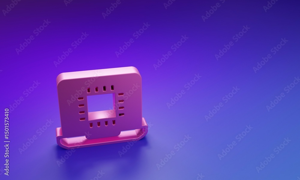 Poster pink computer processor with microcircuits cpu icon isolated on purple-blue background. chip or cpu 