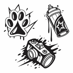 Urban graffiti art paw print camera spray can