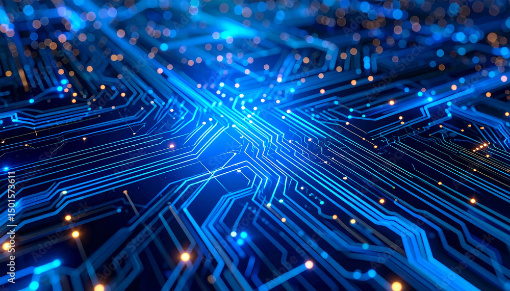 Poster illuminating circuit board: a close-up, eye-level perspective showcases the intricate details of a g