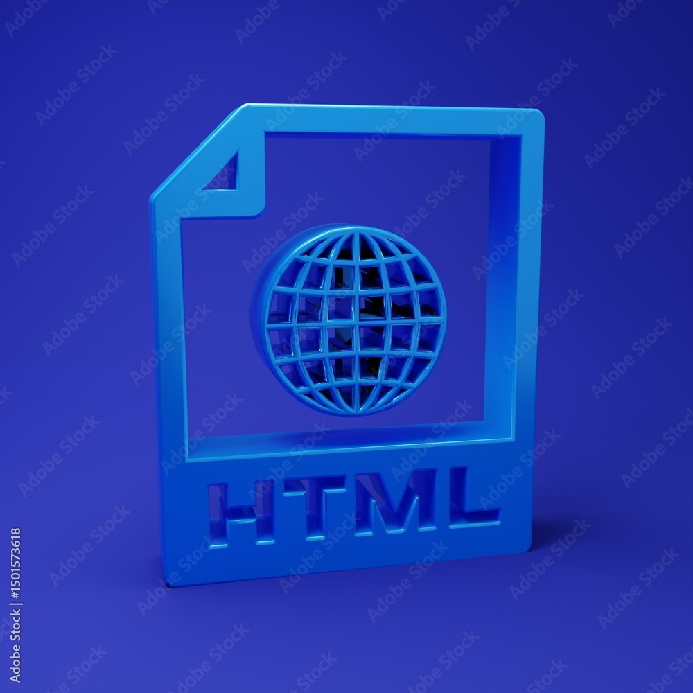 Poster Blue HTML file document. Download html button icon isolated on blue background. HTML file symbol. Markup language symbol. Minimalism concept. 3D render illustration