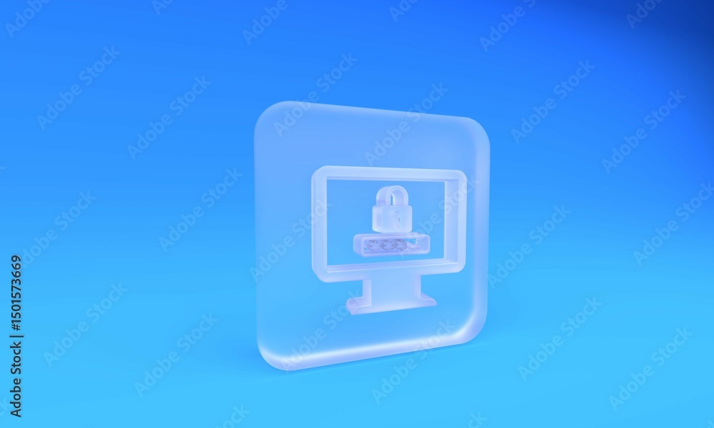 Poster frosted glass monitor with password notification and lock icon isolated on blue background. security