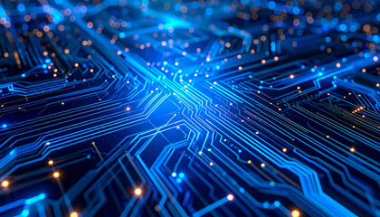 Illuminating Circuit Board: A close-up, eye-level perspective showcases the intricate details of a glowing circuit board, highlighting interconnected pathways.