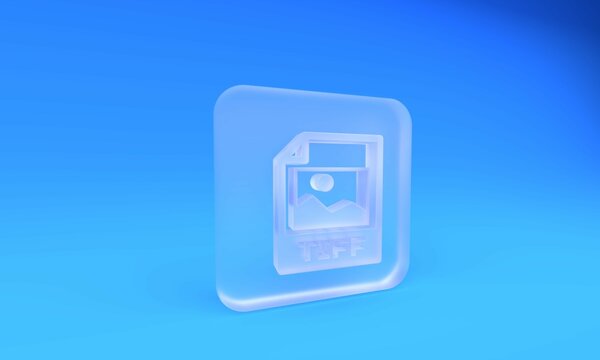 Frosted glass TIFF file document. Download tiff button icon isolated on blue background. TIFF file symbol. Square frosted glass button. 3D render illustration