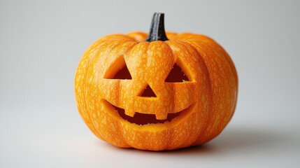 Pumpkin carved with a cheerful face sits against a neutral background for Halloween decoration in autumn