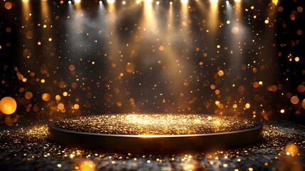 A beautiful Elegant Golden Stage With Sparkling Lights and Glittering Atmosphere