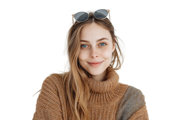 A set of casual portraits of fashionable women in street-style outfits with sunglasses on head and gentle smiles isolated on a transparent background