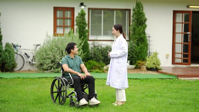 Doctors who are caring for patients, providing physical therapy to patients, and providing encouragement and support to them at home.
