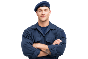 A set of bright, clean portraits of smiling military soldiers in navy blue uniforms and berets with arms crossed isolated on a transparent background