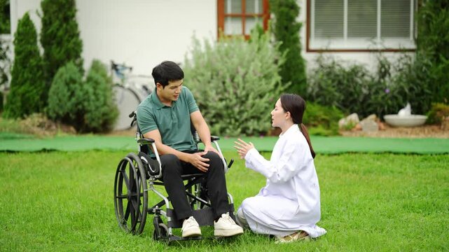 Doctors who are caring for patients, providing physical therapy to patients, and providing encouragement and support to them at home.