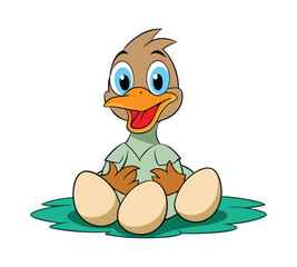 Cartoon Duck Watching Over Nest with Four Eggs, Wildlife Illustration