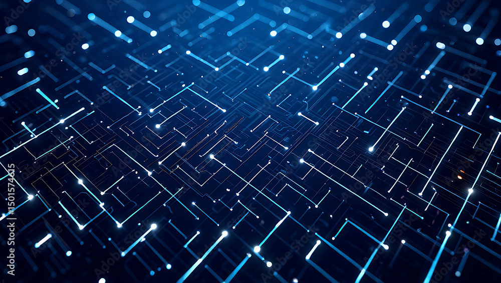 Poster abstract digital network glowing lines and nodes in deep blue