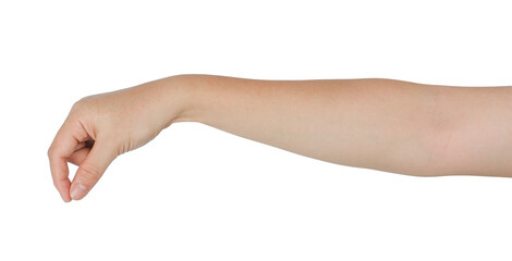 A human arm with a hand extended, reaching out towards a transparent background.