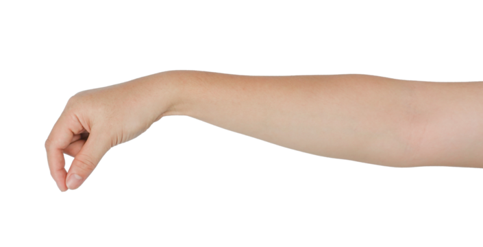 A human arm with a hand extended, reaching out towards a transparent background.