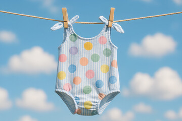 The swimsuit features light blue and white vertical stripes with large pastel polka dots in colors like pink, yellow, mint, purple, and blue. Suitable for a children's swimwear catalog, summer fashion