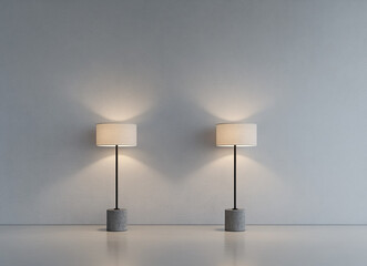 Two identical black floor lamps with white interior shades stand illuminated on a solid background, casting a soft glow.