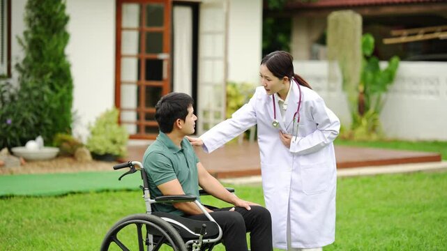 Doctors who are caring for patients, providing physical therapy to patients, and providing encouragement and support to them at home.