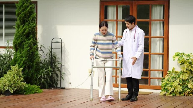Doctors who are caring for patients, providing physical therapy to patients, and providing encouragement and support to them at home.