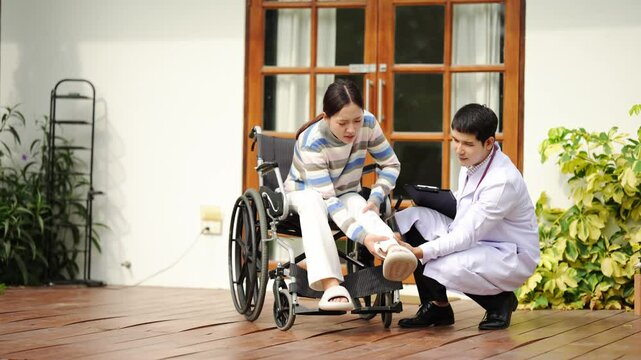 Doctors who are caring for patients, providing physical therapy to patients, and providing encouragement and support to them at home.