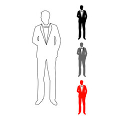 Fashion icon of an adult man turning his head to the side wearing a suit with a bow tie and his left hand in his pocket, line icon, black, dark white and red in color.
