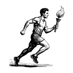 Man run holding torch sketch engraving black and white outline. Scratch board imitation.  illustrated in vintage line art style on a white background.