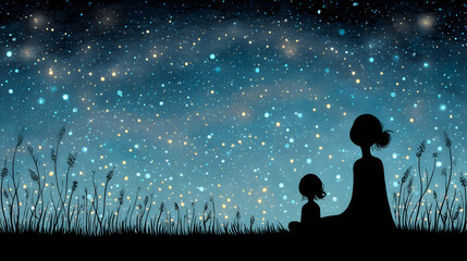 Silhouette of a Parent and Child Gazing at a Starry Night Sky with Sparkling Stars