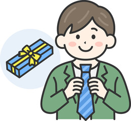 父の日に、ネクタイをプレゼントされた男性（線画カラー）のイラスト