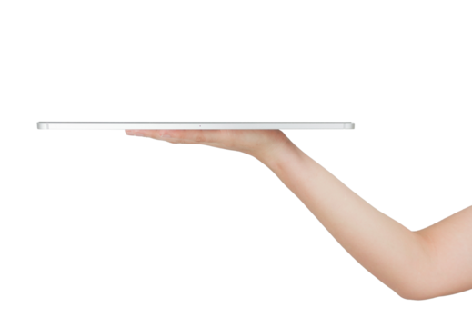 A hand holding a white tablet computer against a transparent background.
