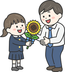 父の日に、父親に向日葵の花を渡す、女の子（線画カラー）のイラスト