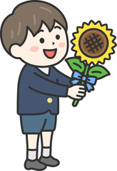 父の日に、向日葵の花を渡す、男の子（線画カラー）のイラスト
