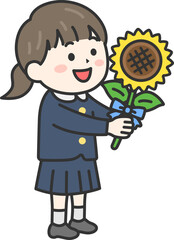 父の日に、向日葵の花を渡す、女の子（線画カラー）のイラスト
