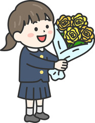 父の日に、黄色の薔薇の花束を渡す、女の子（線画カラー）のイラスト