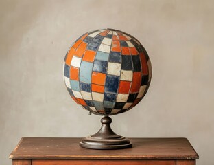 A vintage globe with an artistic pattern of orange, blue, and white squares on the sphere is placed atop a wooden table against a plain background.