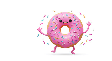 Cartoon pink donut character dancing with sprinkles in a fun style  